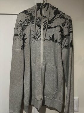 H&M Gray Zip-Up Hoodie with Black Botanical Print